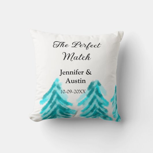 De perfecte match winter blauwe dennenboom trouw kussen (Voorkant)