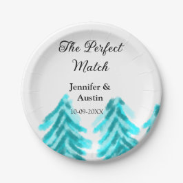 De perfecte match winter blauwe dennenboom trouw papieren bordje