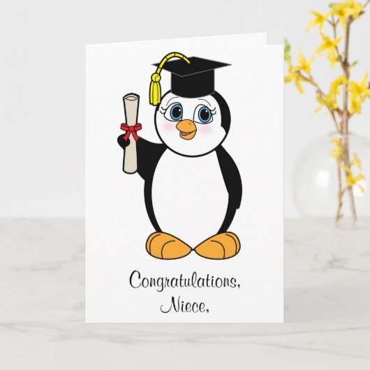 De Personaliseerbare Pinguïn van de Afstuderen van Kaart (Gele Bloem)