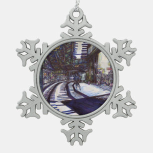 De piano stofzuigen tin sneeuwvlok ornament