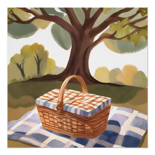 De picknick | Blauw Wit Gestreepte Wicker Waterver Perfect Poster (Voorkant)