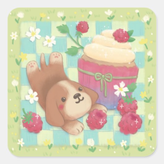 De picknickdag van de Beagle met frambozen-cupcake Vierkante Sticker (Voorkant)
