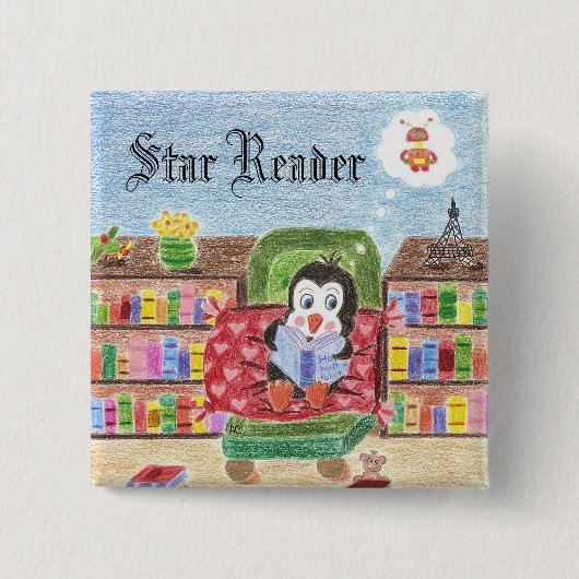 De pinguïn beloningsknop lezen vierkante button 5,1 cm (Voorkant)