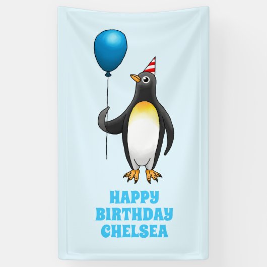 De pinguïn met de blauwe ballon spandoek (Verticaal)