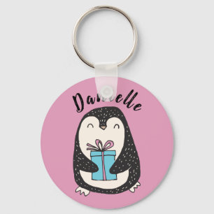 De pinguïn met een Cadeau personaliseerde Roze Sleutelhanger