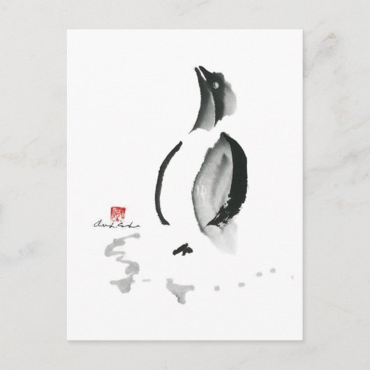 De Pinguïn van Kerstmis, sumi-E Feestdagenkaart (Voorkant)