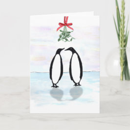 De Pinguïnen van de waterverf met de Maretak van Feestdagen Kaart