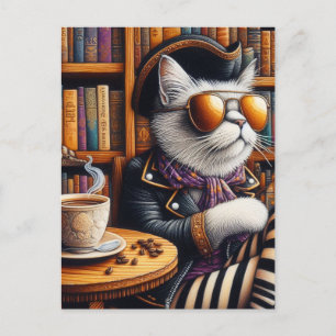 De piratenkat met koffie in een boekwinkel briefkaart
