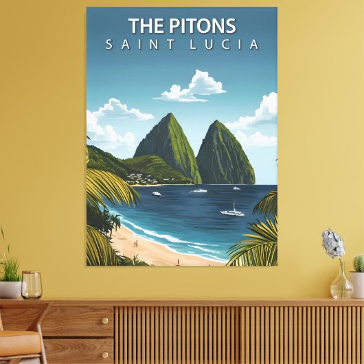 De Pitons – Oude Reisposter van Saint Lucia Canvas Afdruk (Insitu (Woonkamer))