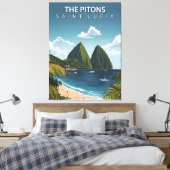 De Pitons – Oude Reisposter van Saint Lucia Canvas Afdruk (Insitu (Slaapkamer))