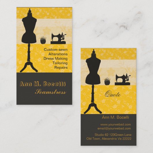 De pittige maker Seamstress Gold Retro  Visitekaartje (Voorkant / Achterkant)