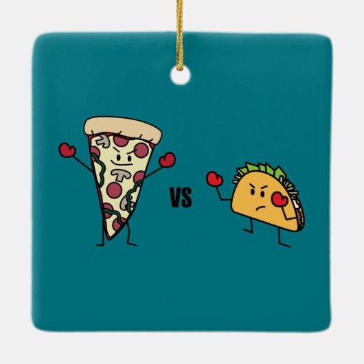 De Pizza van pepperonis VERSUS Taco: Mexicaan Keramisch Ornament (Achterkant)