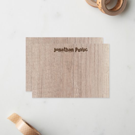 De plank van het hout kijkt elegante vervormde tek notitiekaartje (Voorkant / Achterkant in situ)