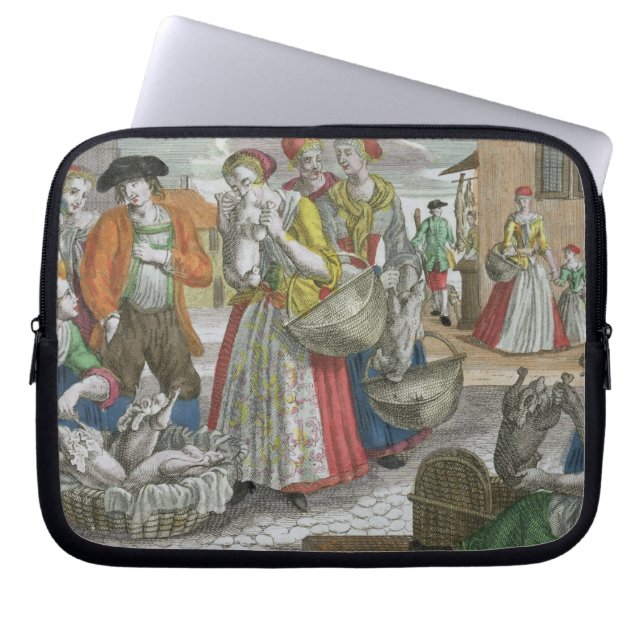 De pluimveemarkt (gekleurde gravering) laptop sleeve (Voorkant)