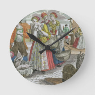 De pluimveemarkt (gekleurde gravering) ronde klok