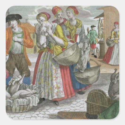 De pluimveemarkt (gekleurde gravering) vierkante sticker (Voorkant)