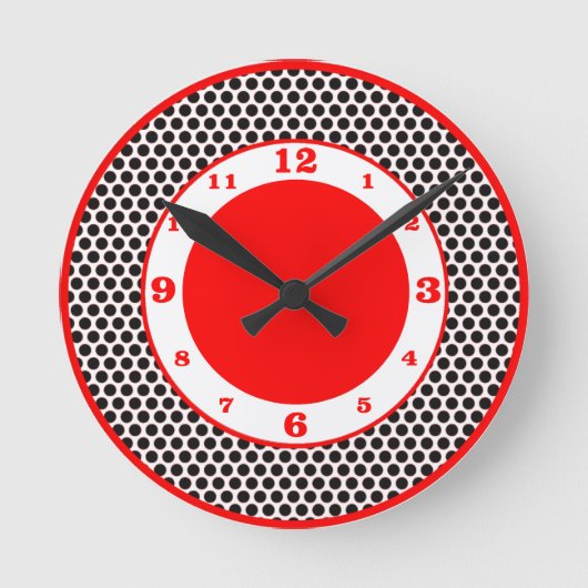 De polka stippelt Zwarte, Wit & Rood Ronde Klok (Voorkant)