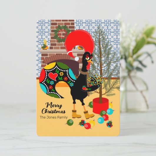 De Portugese Haan en de lichten van Kerstmis Kaart (Staand voorkant)