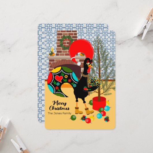 De Portugese Haan en de lichten van Kerstmis Kaart (Voorkant / Achterkant in situ)
