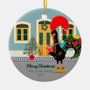 De Portugese Haan met een kerstcadeau Keramisch Ornament