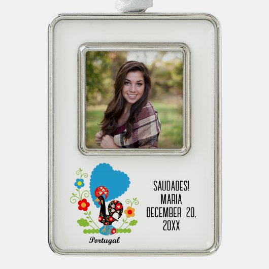 De Portugese rooster Verzilverd Omlijst Ornament (Voorkant)