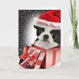 De Poten van de Kerstman van Boston Terrier houden Feestdagen Kaart