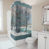 De prachtige sneeuwscène van de winter met blauwe douchegordijn (In situ)