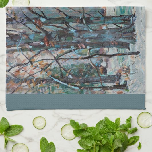 De prachtige sneeuwscène van de winter met blauwe  theedoek (Gevouwen)