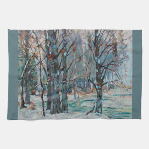 De prachtige sneeuwscène van de winter met blauwe  theedoek