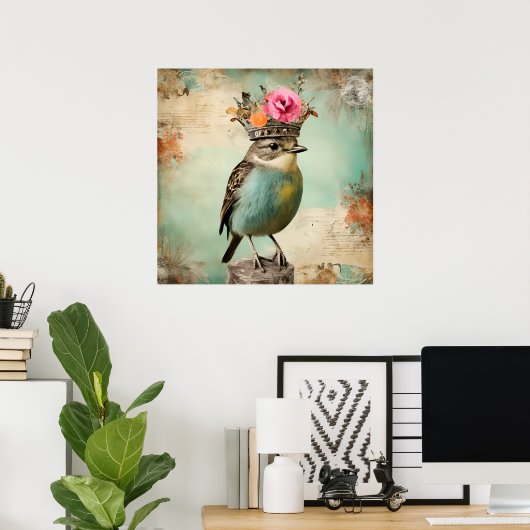 De prachtige vogel in een kroon collage poster (Thuiskantoor)