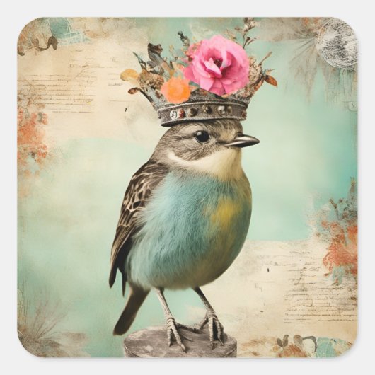 De prachtige vogel in een kroon collage vierkante sticker (Voorkant)