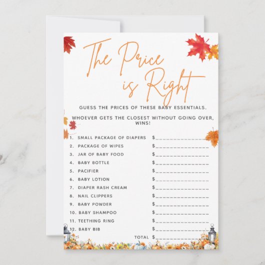 DE PRIJS IS JUIST Baby shower Game Little Pumpkin Kaart (Voorkant)