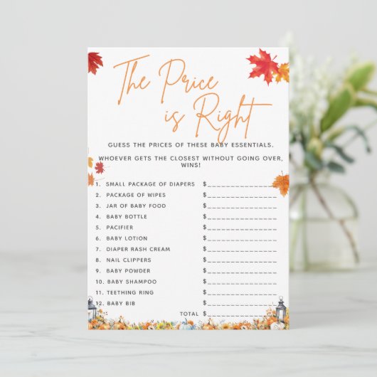 DE PRIJS IS JUIST Baby shower Game Little Pumpkin Kaart (Staand voorkant)