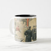 De Prins van Wales Bezoek het gebouw Tweekleurige Koffiemok (Voorkant links)