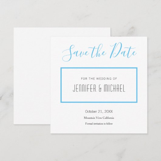 De professionele minimalistisch platte hemel blauw save the date (Voorkant / Achterkant)