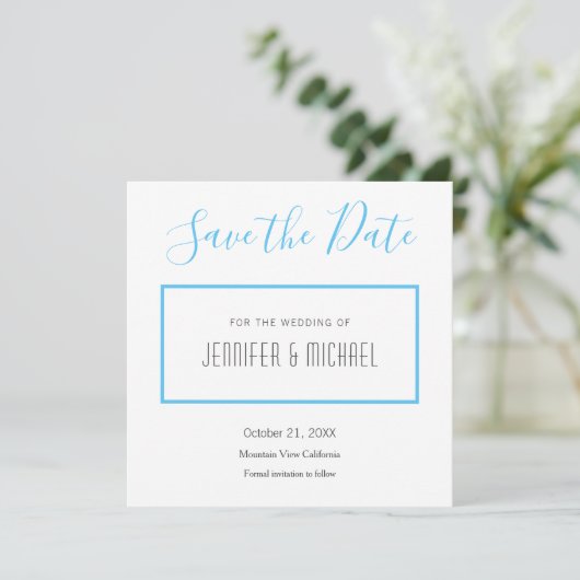 De professionele minimalistisch platte hemel blauw save the date (Staand voorkant)