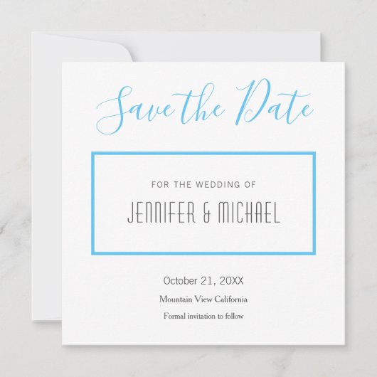 De professionele minimalistisch platte hemel blauw save the date (Voorkant)