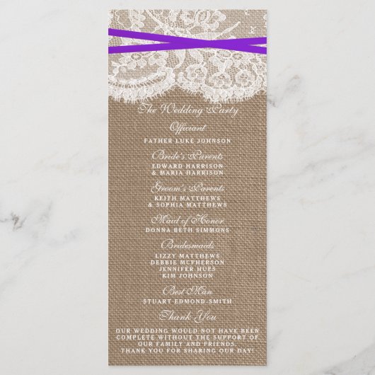 De programma's van het Paars Rustic Bow Wedding Co (Achterkant)