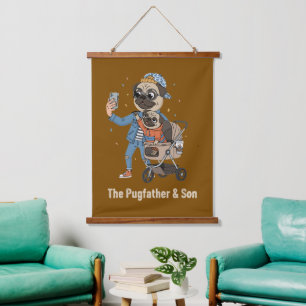 De Pugfather & Zoon   Grappige Pug Vader & Puppy S Hangend Wandkleed