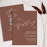 De QR-code van Terracotta in één legant huwelijk Kaart<br><div class="desc">Terracotta Elegant Script QR code allen in één minimalistische Kaart van de Uitnodiging van het Weddenschap. Viel je speciale dag om met deze elegante en mooie huwelijksuitnodigingskaart om je speciale gelegenheid te verfraaien. Alle teksten zijn vooraf geregeld zodat u zich gemakkelijk en snel kunt personaliseren met uw eigen details. Als...</div>