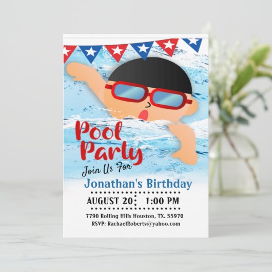 De race is op Boys Birthday Pool Party Kaart (Staand voorkant)