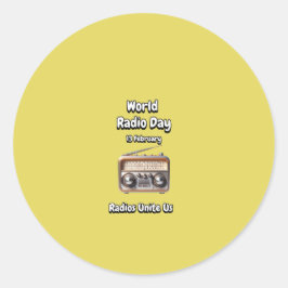 De radio's verenigen ons. Wereldradiodag (WRD). Ronde Sticker