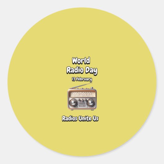 De radio's verenigen ons. Wereldradiodag (WRD). Ronde Sticker (Voorkant)