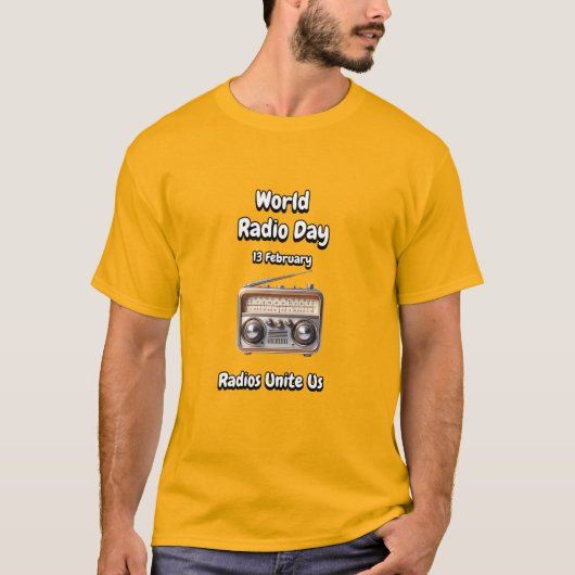 De radio's verenigen ons. Wereldradiodag (WRD). T-shirt (Voorkant)