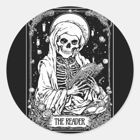 De Reader Tarot Kaart Skeleton Bookish Halloween S Ronde Sticker (Voorkant)