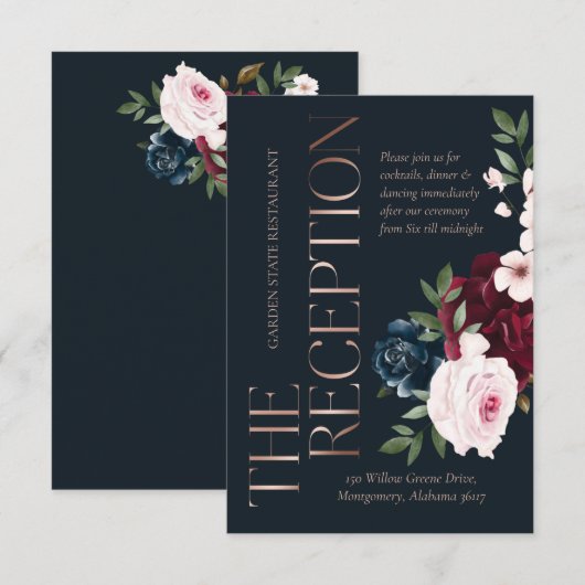 De receptie Bourgondië & Navy Waterverf Bloemen Informatiekaartje (Voorkant / Achterkant)