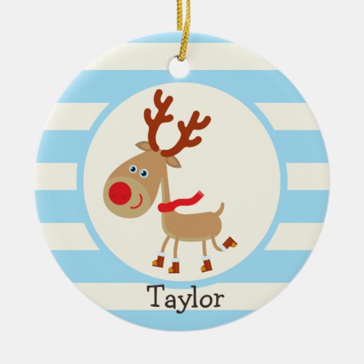 de Red Nosed Reindeer; Blue Stripes Keramisch Ornament (Voorkant)