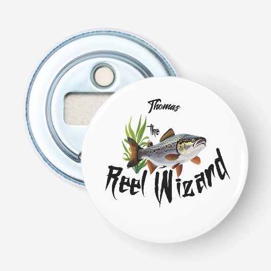 De Reel Wizard Regenboogforel  Button Flesopener (Voorkant)