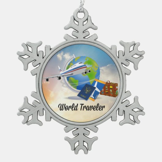 De Reiziger-Verpakte wereld en klaar om te gaan, o Tin Sneeuwvlok Ornament (Voorkant)