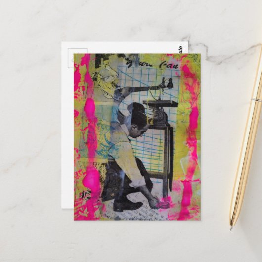 De Retro Werkende Mannen Mixed Media Collage Briefkaart (Voorkant / Achterkant in situ)